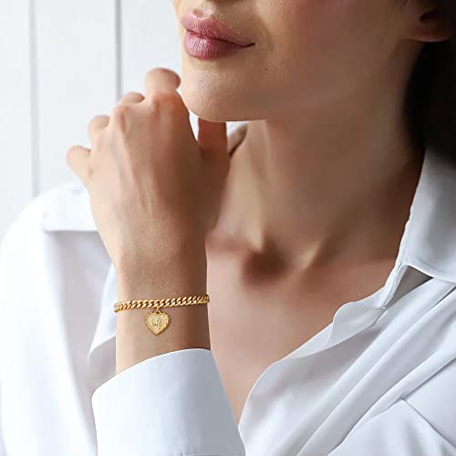 Gold Initial Charm Bracelets Heart Bracelet for Women, 14K Gold Plated Cuban Link Bracelet 26 Letter Bracelets for Women Dainty Charm Bracelets Gold Jewelry Gifts for Women4