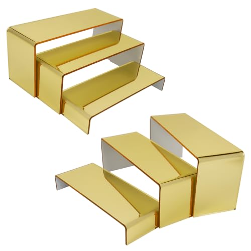 CRAFTIFANO Acrylic Display Risers 2 Sets 3 Tier Cupcake Stand for Dessert Jewelry Pop Figures Shelves Retail Shoe Showcase (Gold)