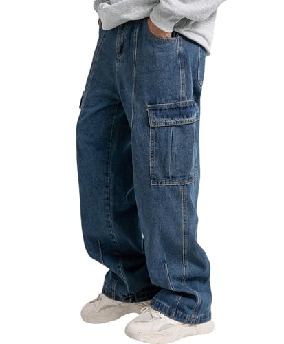 Mens Baggy Jeans for Men Women Y2k Skater Vintage Plain Pants Multiple Pockets Casual Wide Leg Loose Fit Cargo Denim Jeans Blue