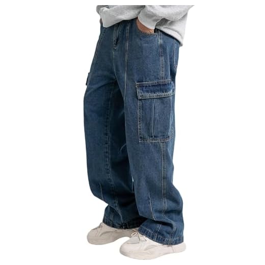 Mens Baggy Jeans for Men Women Y2k Skater Vintage Plain Pants Multiple Pockets Casual Wide Leg Loose Fit Cargo Denim Jeans Blue