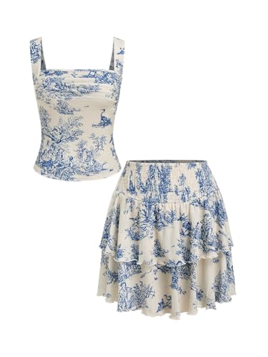 CIDER Womens Toile Print Tiered Ruffle Skirt Set Sleeveless