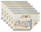 YiHomer Blue Pumpkin Bordered Thanksgiving Tabletop, Stonewashed Fall Pumpkin and Sunflower Cottage Print Easy Care Fabric, Farmhouse Harvest, Reversible Placemat Set, 13 x 19