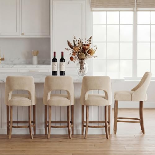 Image of UVV Bar Stools Set of 4, Upholstered Counter Height Bar Stools, Modern Counter Stools with Wood Legs for Kitchen Island Dining Room Bar, Beige