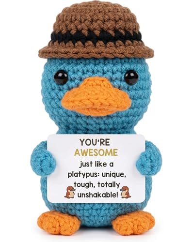Vkeyinf Positive Crochet Platypus Stuffed Animal - Emotional Support Crochet Animals with Warmest Wishes Card - Funny Cheer Up Gift for Women Coworker Teacher Appreciation & Graduation