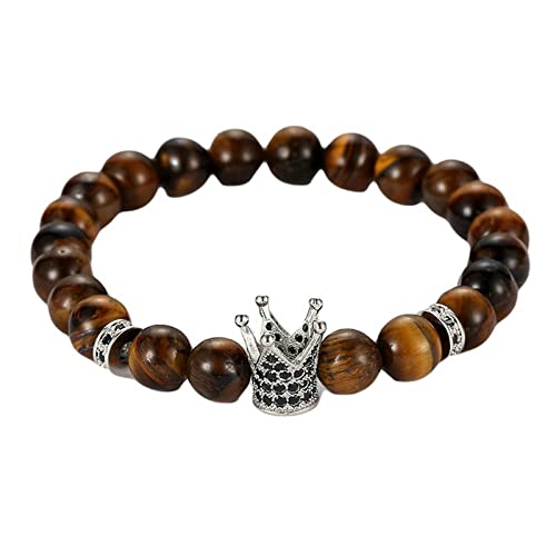 Pulsera de ojo de tigre elástica OwKay de 19 cm con detalle de corona
