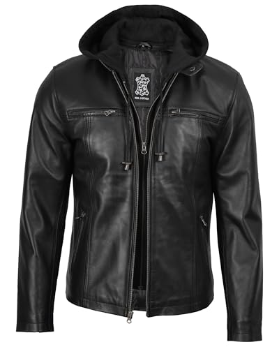 Image of fjackets Men Hooded Leather Jacket - Real Lambskin Men's Leather Jackets with Detachable Hood Outerwear