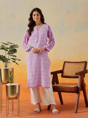 Image of Ada Lucknow Chikankari Hand Embroidered Faux Georgette Kurta Kurti Tunic Dress for Women A95504