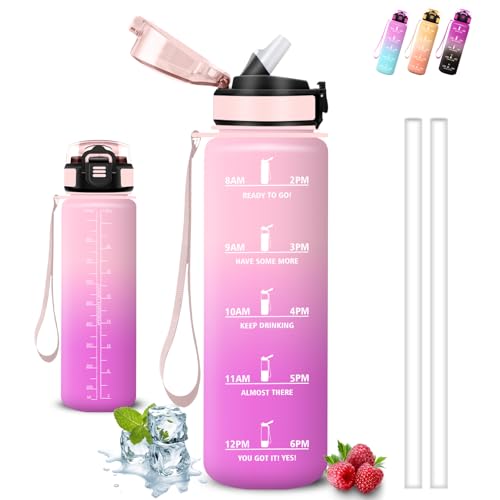 Grsta Gourde 1l, Gourde Sport, Anti Fuite, Bouteille Graduée pour 1 Journee, Facile à Nettoyer, Bouteille Reutilisable, avec Marqueur de Temps, pour Aptitude, Camping, Yoga, Sports, Voyage