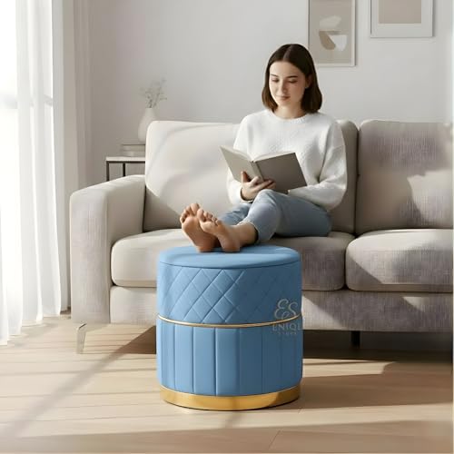 Image of Set of 2 Round Velvet Ottoman Footstool Gold Base - Tufted Upholstered Pouffe Stool for Living Room, Bedroom & Dressing Area (Sky Blue)