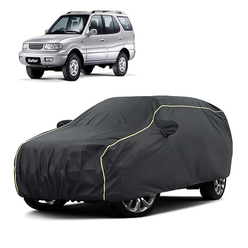Image of Sulfar 100% Water Resistant Car Body Cover Compatible with Mirror for Tata Safari Dicor (Triple Stitched, Full Bottom Elastic, Dark Grey Taffeta with Yellow Piping)
