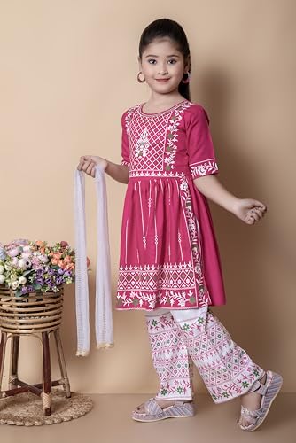 Image of New Badshah Dressesn Indian Ethnic Kids Girls Kurta Straight Pant with Silky Dupatta Dress Set, Cotton Rayon Fabric