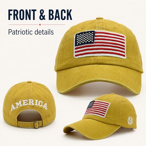 Image of American Flag Baseball Cap for Men Women, Washed Cotton USA Hat, Adjustable Patriotic Cap for 4th of July