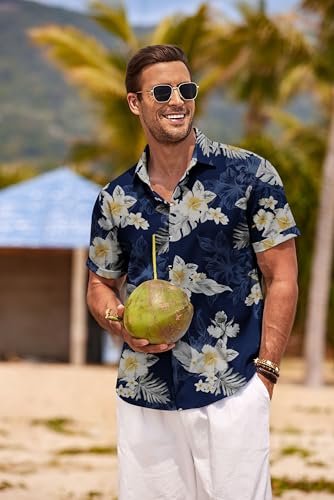 Image of COOFANDY Men Casual Button Down Shirt Short Sleeve Summer Camp Shirts Navy Floral