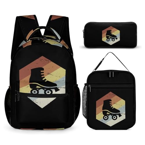 Vintage 70s Roller Skating Funny Backpack Set Lunch Bag Pencil Case Bag 3 in 1 for Men Women Travel Backpacks