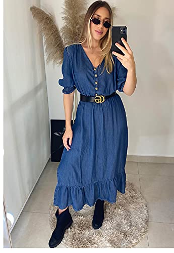 Vestido Longo Jeans SOB Com Mangas e Decote V