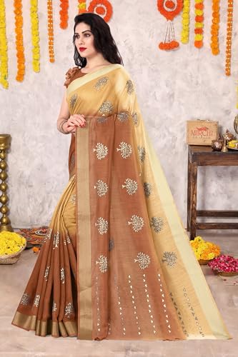 Image of MIRCHI FASHION Women Saree Cotton Blend 2-Tone Foil Print | Lightweight Comfortable Office Wear Sari with Blouse Piece