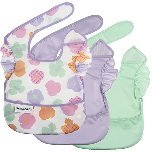 Image of Tiny Twinkle Mess-Proof Baby Bibs for Eating | Waterproof, Wipeable Toddler Bibs with Catch-All Pocket | Feeding Bibs for Girls & Boys(3 Pack, Floral Pop)