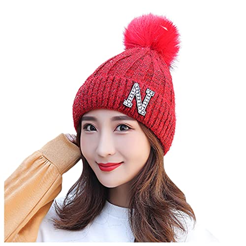 Winter Beanie Hat for Women Thick Cable Knit Pom Pom Beanie Hat Daily Woolen Soft Ski Cuff Cap Outdoor Cycling Gifts (Red)
