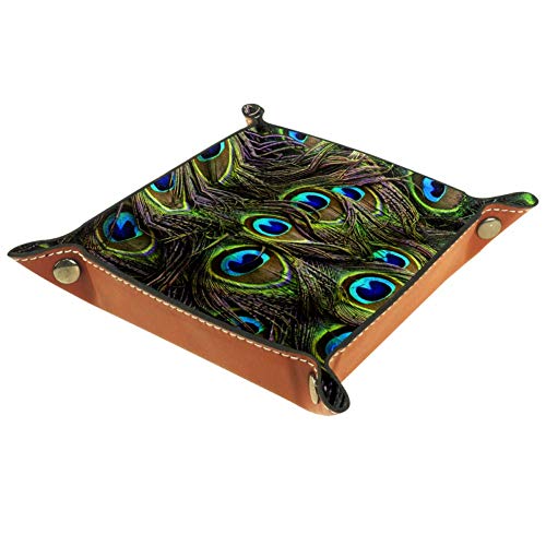 Preisvergleich Produktbild XiangHeFu Schöne Pfauenfedern Valet Tray Ledertablett Leder Catchall Schlüssel Handy Münzkasten für Schlüsselgeld Nachttisch Storage Container Box Organizer