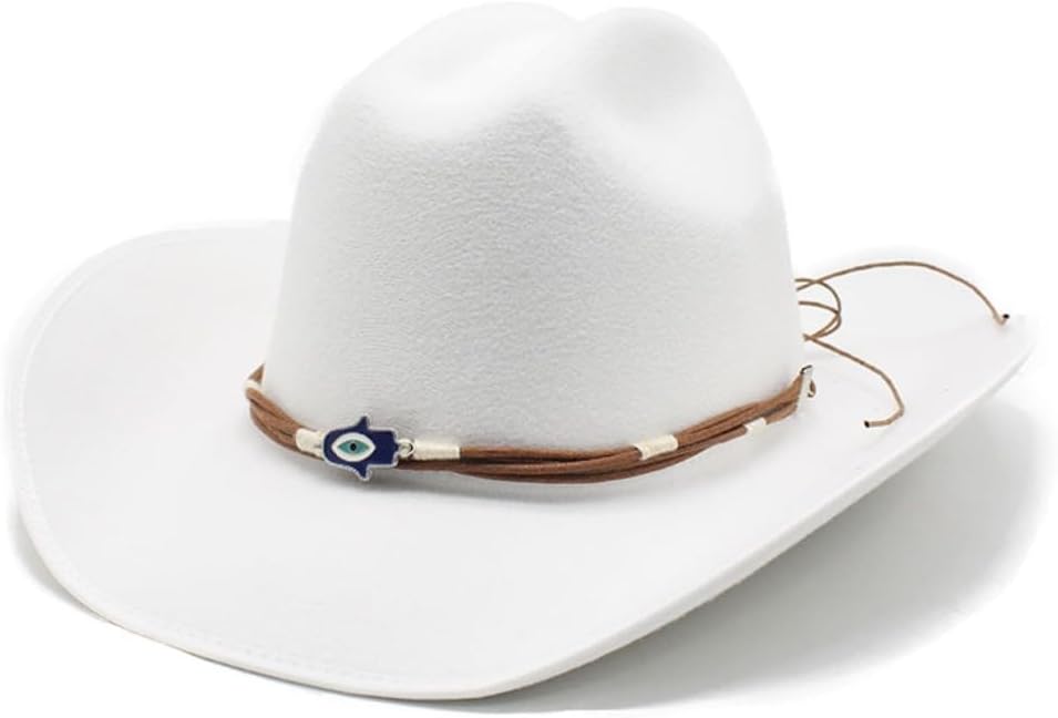 Western Cowboy Hat, White Felt with Beaded Chain Accent, Wide Brim Classic Style