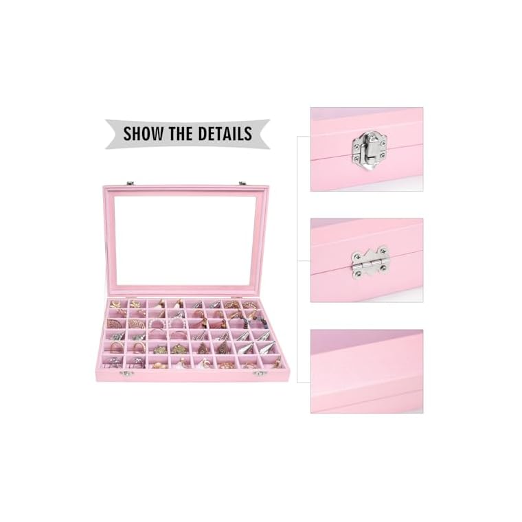 Jewelry Tray Organizer Box 48 Grid Jewelry Display Organizer Box with Transparent Lid Rings Earrings Necklaces Pendants Display Box Suitable for Women and Girls (48 Grid, Pink) - Image 5