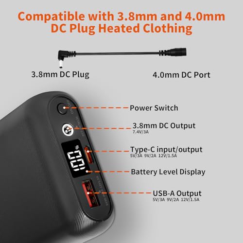 Compact 7.4V/5V 16000mAh Battery Pack for Heated Vests, Jackets, Hoodies, Pants, and Chairs
