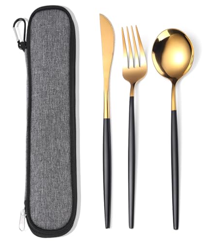 MURRI&MURRDI Edelstahl Besteck Set mit Tasche, 3 Teilig Cutlery Set für Reise, Tragbar Wiederverwendbar Besteck für 1, Mittagessen Messer Gabel...