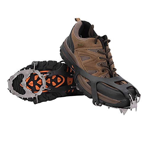 Ice Grips, 1 Pair 18-Teeth Anti Slip Ice Cleat Shoe Grips Spikes Cleats Walking on Snow Crampons for Men Women Hiking Climbing (M)