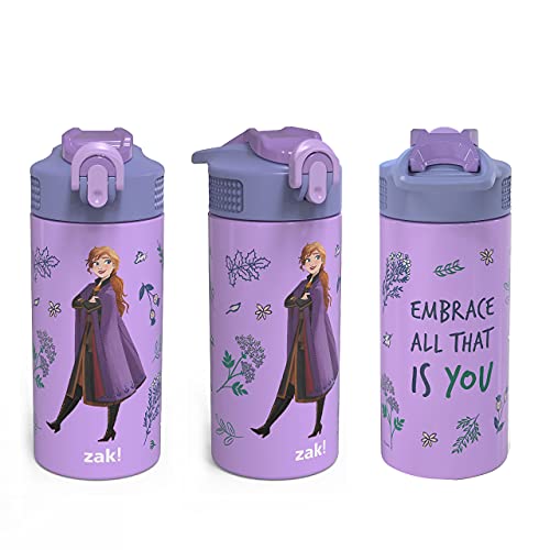 Zak Designs Disney Frozen Anna Movie Vacuum Insulated Thermal Kids Water Bottle 14 Oz 18/8 Stainless Steel With Flip-Up Straw Spout And Locking Spout Cover, Durable Cup For Sports Or Travel #TOP6