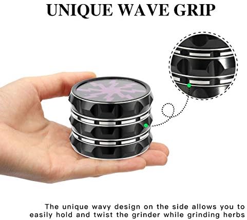TIRIRS 2.5" 4 Pieces Clear Top Herb Grinder - Aluminium Spice Grinder with Pollen Scraper and Cleaning Brush - Black Body with Purple Lightning on Top