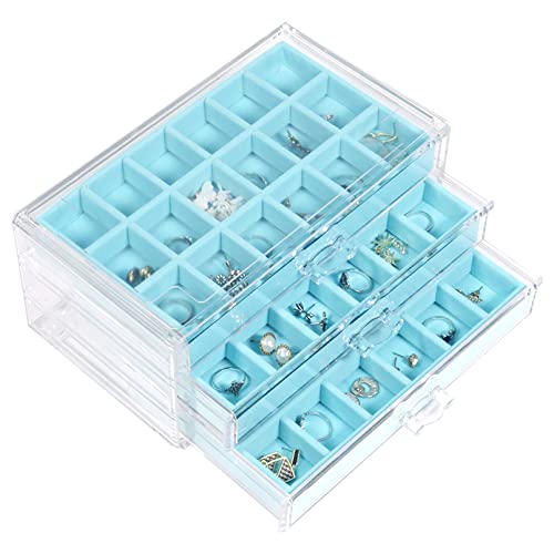 Nwvuop Acrylic Jewelry Box for Women with 3 Drawers Adjustable Jewelry Organiser Box for Rings Earrings Necklace Stackable Jewelry Tray Earrings Storage Box Makeup Cosmetic Storage Case, Blue