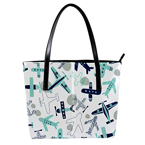 Sac à main fourre-tout cabas bleu gris motif avions idéal pour le travail