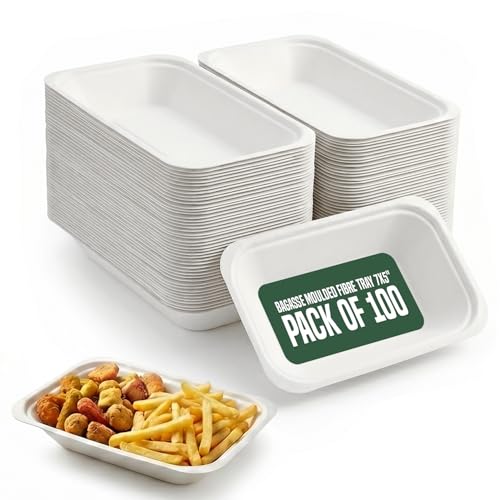 Image of RAP Gloves Bagasse Chip Trays 7" x 5", White, Pack of 100 | Biodegradable, Disposable Food Trays, Eco-Friendly, For Chips, Burgers, Parties Events & Picnic