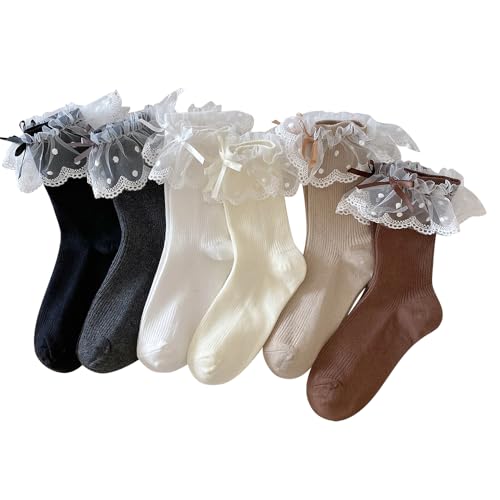 Image of 6 Pairs Womens Bow Socks Ruffle Casual Crew Socks, Cute Lettuce Edge Socks, Soft Breathable Cotton Frilly Dress Socks
