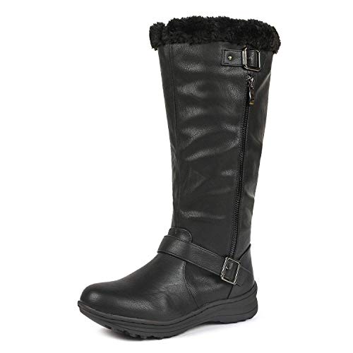 DREAM PAIRS Women's Rabbit Lady Fully Fur Lined Double Buckle Ruched Snow Knee High Winter Boots Black PU Size 8 Wide Calf