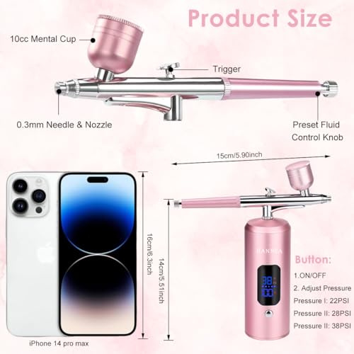 Image of HANNEA Cordless Airbrush Kit, Rechargeable LCD Airbrush Spray Gun with 3 Pressure Level, 0.3mm Nozzle, Portable Airbrush Compressor for Painting, Makeup, Nails, Model Craft, Pink