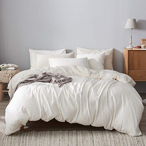 DAPU Cotton Linen Blend Duvet Cover Set, 55% French Linen and 45 Long-Staple Cotton, Breathable and Durable, 1 Duvet Cover with Button Closure and 2 Pillowcases (Off-White/Cotton Linen, King)