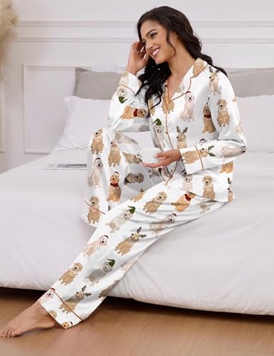Image of SHESHOW Satin Pajamas Set for Women Set Long Sleeve Button Down Pjs Sets 2 Piece Loungewear Animal Sleepwear XS-XXL
