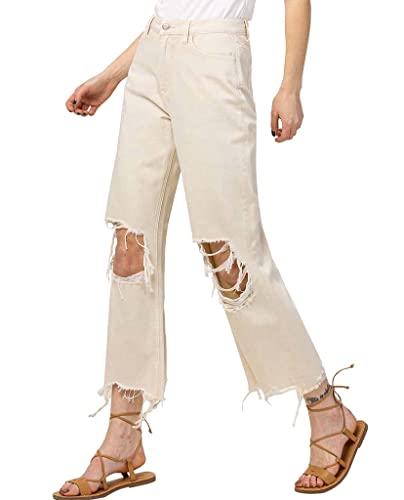VERVET by Flying Monkey Distressed Cropped Flare Jeans Cream High-Waist