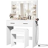 Furmax Make up Vanity Desk with Mirror and Power Outlet, Vanity with 3 Color Light Options Adjustable Brightness,Vanity Desk with 2 Drawers, 6 Storage Shelves (White, with Bench)
