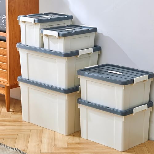 Cetomo 90L*6 Aufbewahrungsboxen, Tragbare Plastikboxen mit Deckeln, Organizer-Behälter mit Griff und Clips, Stapelbar, Ineinander Nestbar, für Zuhause und Büro, Weiß, 90L-6er Pack