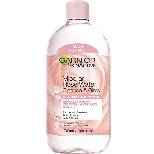 Garnier Skin Active Agua Micelar con Agua de Rosas para Piel Apagada y Sensible, Desmaquilla, Limpia e Ilumina, 700 ml