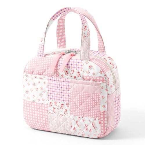 WOBAGMEN Quilted Lunch Box for Women,Coquette Aesthetic Lunch Box for Teen Girls,Cute Pink Patchwork Lunch Bags for Work, School,Office,Picnic,Travel (Pink Patchwork)