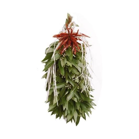 McFadden Farm Fresh Bay Leaf Swag with Chilis + Raffia Cover