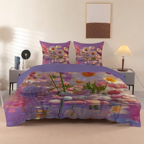 Housse de Couette 200x200 Fleurs de marguerite avec 2 Taies d’oreiller 65x65 cm, Parure de Lit 2 Personne Imprimée Galets - Ensemble Housse Couette...