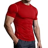 Générique Tee Shirt Moulant Homme Sport Séchage Rapide T-Shirt à Manches Courtes Compression Running Shirts Respirant Musculation Comfort Tshirt Ete Couleur Unie Décontracté Vêtements Rouge S