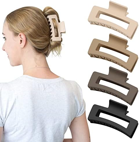 Zou.Rena Matte Hair Claw Clips,4.1 Inch(10.5cm) Hair Clamps Strong Grips,Large Hair Claws for Women Girls Thick Hair (Neutral Rectangle 4pcs)