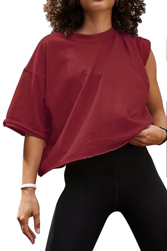 Image of HUGOOME Womens Oversized Workout Crop Top Casual Short Sleeve Boxy Roll Hem | Basic Half Split Sleeve Drop Shoulder Loose Yoga Running Gym Tee Cropped T-shirt Solid Trendy Relaxed Daily Tee