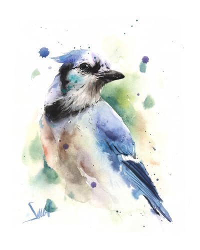 Watercolor Blue Jay Wall Art Print - Perched Bird Painting