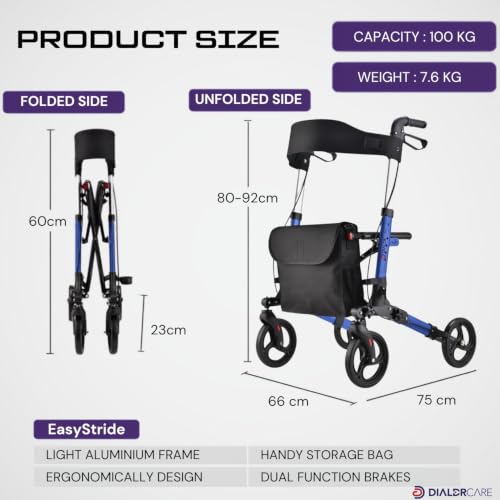 Image of DIALDRCARE Aluminium 4 wheel Ultra Folding Rollator Walker with Carry Bag MedicalTransport Chair Suitable for the Elderly Seniors